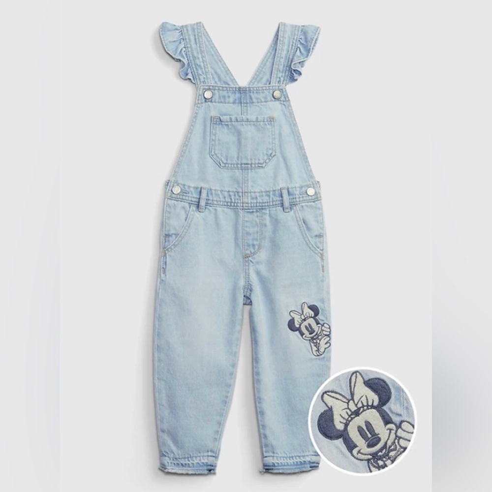 Gap X Disney Minnie Mouse Denim Overalls Toddler Sz 4 Years Ruffle Embroidered